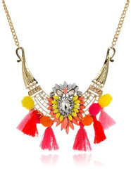 Collar Multicolor Con Cristales Pompones y Borlas